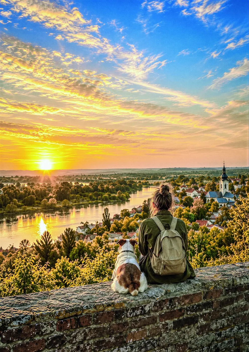 Kobieta z psem spogląda na rzekę i panoramę miejscowości w jesiennym krajobrazie